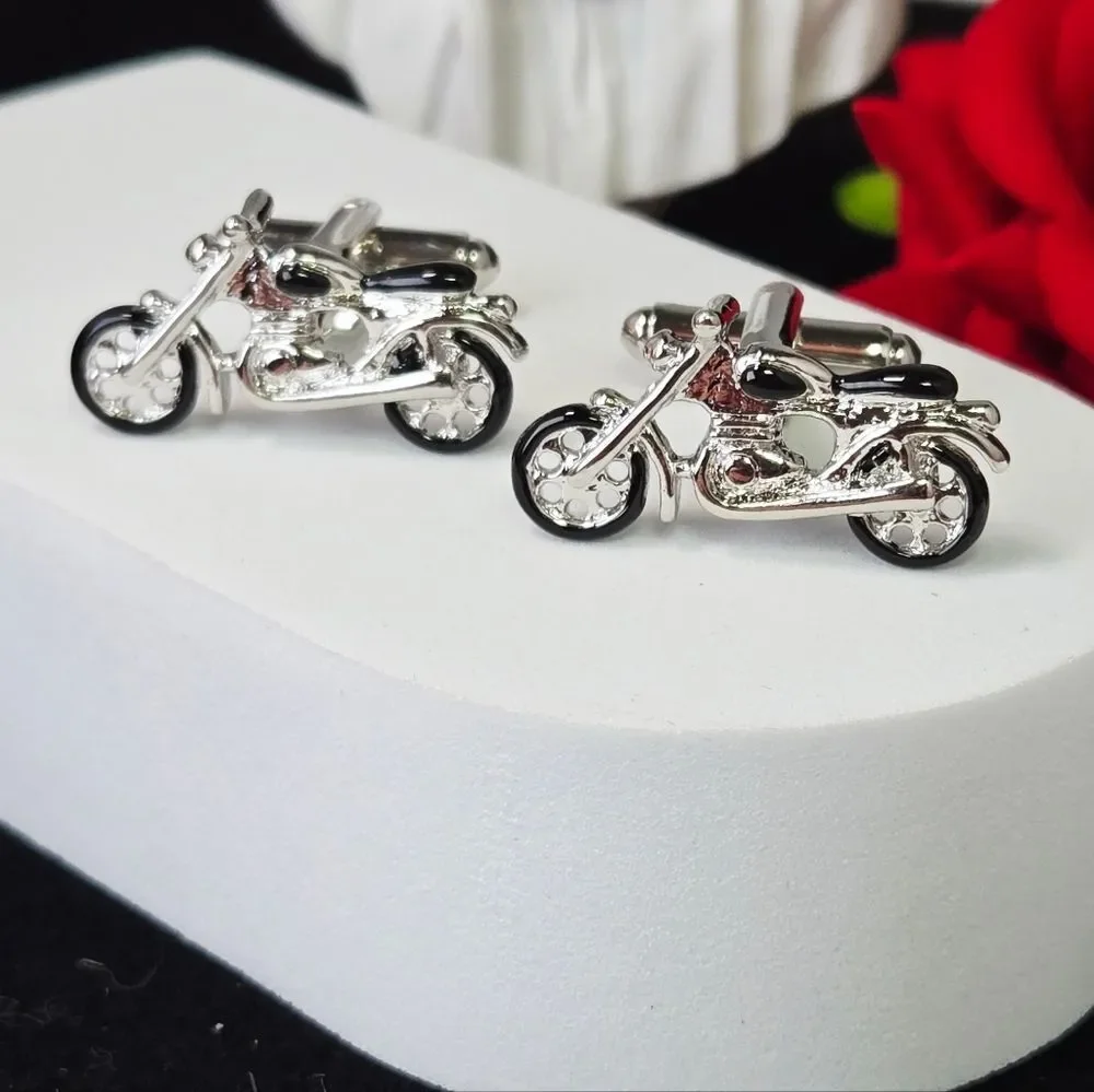 Motorcycle Cufflinks Silver Black Enamel Bike Rider French Cuff Formal Bikercore